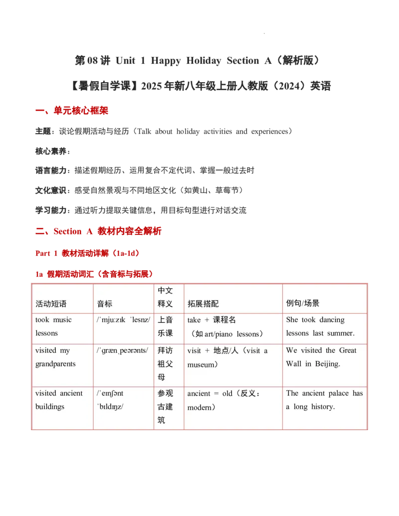 第08讲unit1HappyHolidaySectionA（原卷版）暑假自学课2025年新八年级上册人教版（2024）英语_最新人教版英语八年级上册_新版_初中英语8上新更新第三套可选择_18暑假自学