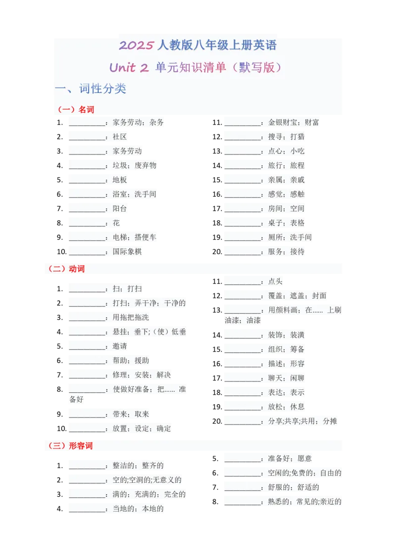 单元知识清单Unit2默写版_最新人教版英语八年级上册_新版_初中英语8上新更新第三套可选择_06知识清单_单元知识清单PDF