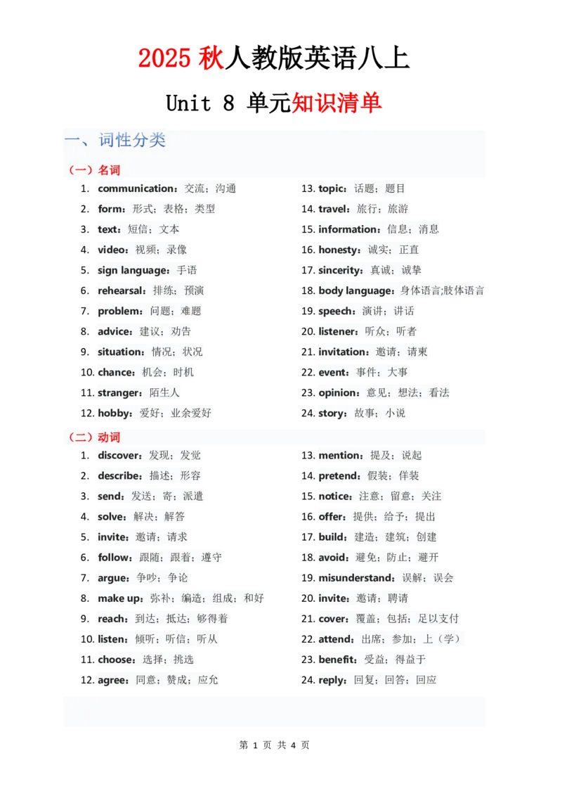 单元知识清单Unit8教师版_最新人教版英语八年级上册_新版_初中英语8上新更新第三套可选择_06知识清单_单元知识清单PDF