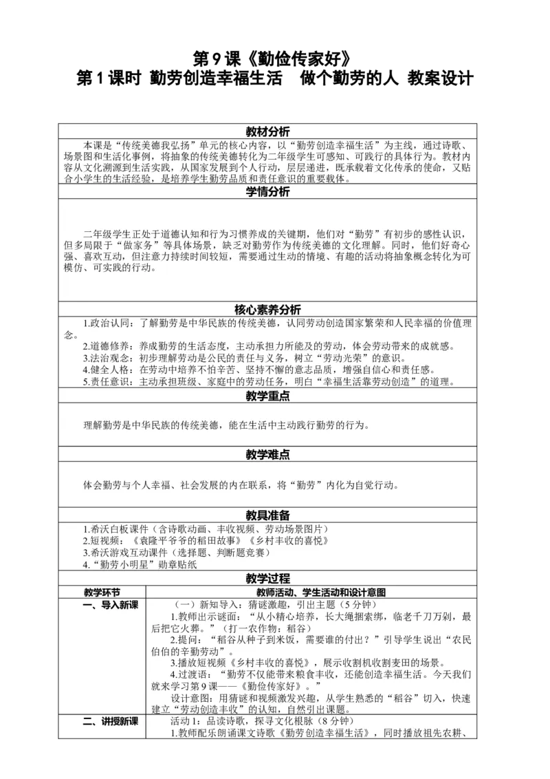 9.1《勤俭传家好&mdash;&mdash;勤劳创造幸福生活做个勤劳的人》教案设计(1)(1)_26新二年级道法下册（统编版）_版本一_部编版道德与法治2下_2026春新版_第一套_9.1《勤俭传家好》