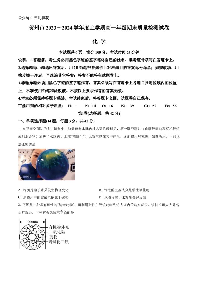 广西贺州市2023-2024学年高一上学期期末考试化学试题Word版无答案_2024年12月试卷_1223广西壮族自治区贺州市2023-2024学年高一上学期期末考试