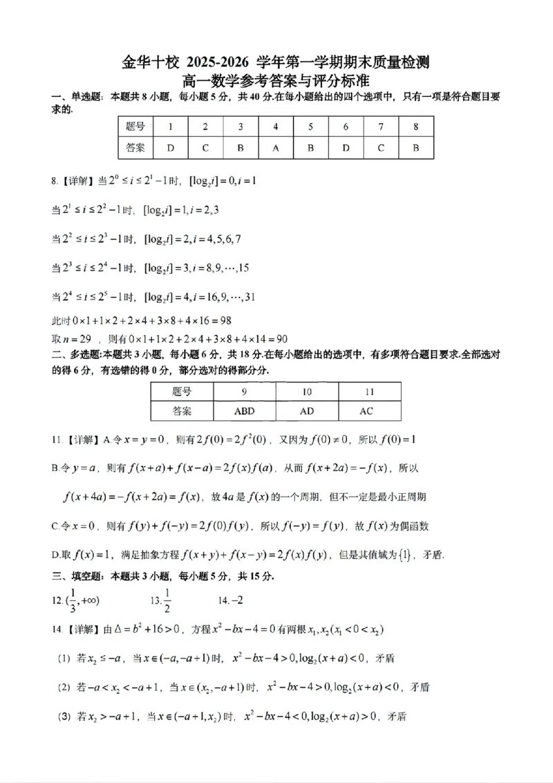扫描件_金华十校数学答案_2026年02月高一试卷_260215浙江省金华十校2025-2026学年高一上学期2月期末（全）_浙江省金华十校2025-2026学年高一上学期2月期末数学试题含答案