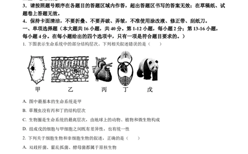 广西壮族自治区玉林市2024-2025学年高一上学期11月期中生物试题Word版无答案_2024年12月试卷_1214广西壮族自治区玉林市2024-2025学年高一上学期11月期中考试