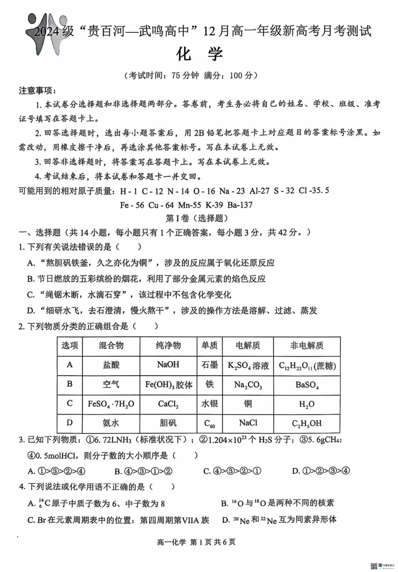 广西&ldquo;贵百河&mdash;武鸣高中&rdquo;2024-2025学年高一上学期12月新高考月考化学试题_2024年12月试卷_1220广西壮族自治区&ldquo;贵百河-武鸣高中&rdquo;2024-2025学年高一上学期12月月考试题