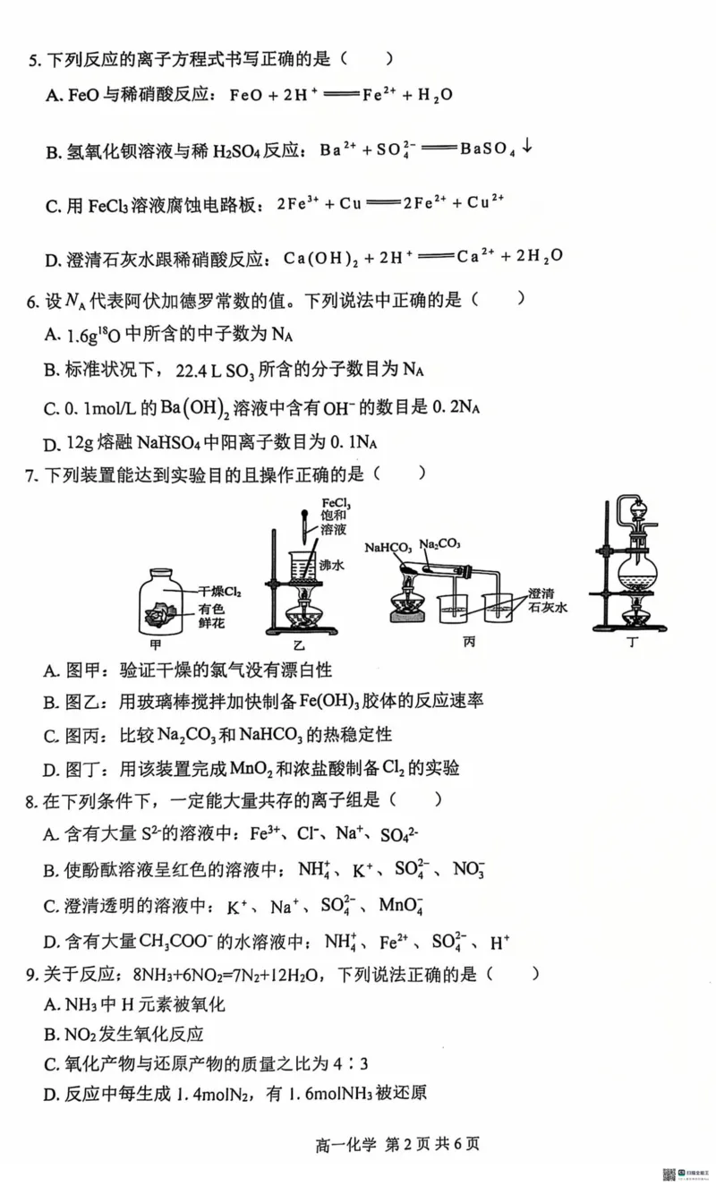 广西&ldquo;贵百河&mdash;武鸣高中&rdquo;2024-2025学年高一上学期12月新高考月考化学试题_2024年12月试卷_1220广西壮族自治区&ldquo;贵百河-武鸣高中&rdquo;2024-2025学年高一上学期12月月考试题