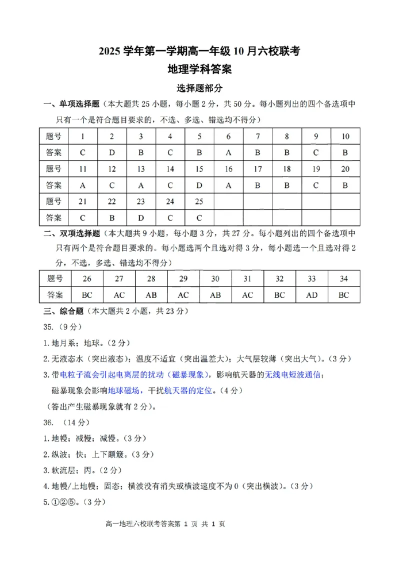 扫描件_地理答案_2025年10月高一试卷_251013浙江省六校联盟2025-2026学年高一上学期10月月考_浙江省六校联盟2025-2026学年高一上学期10月月考地理试题（含答案）