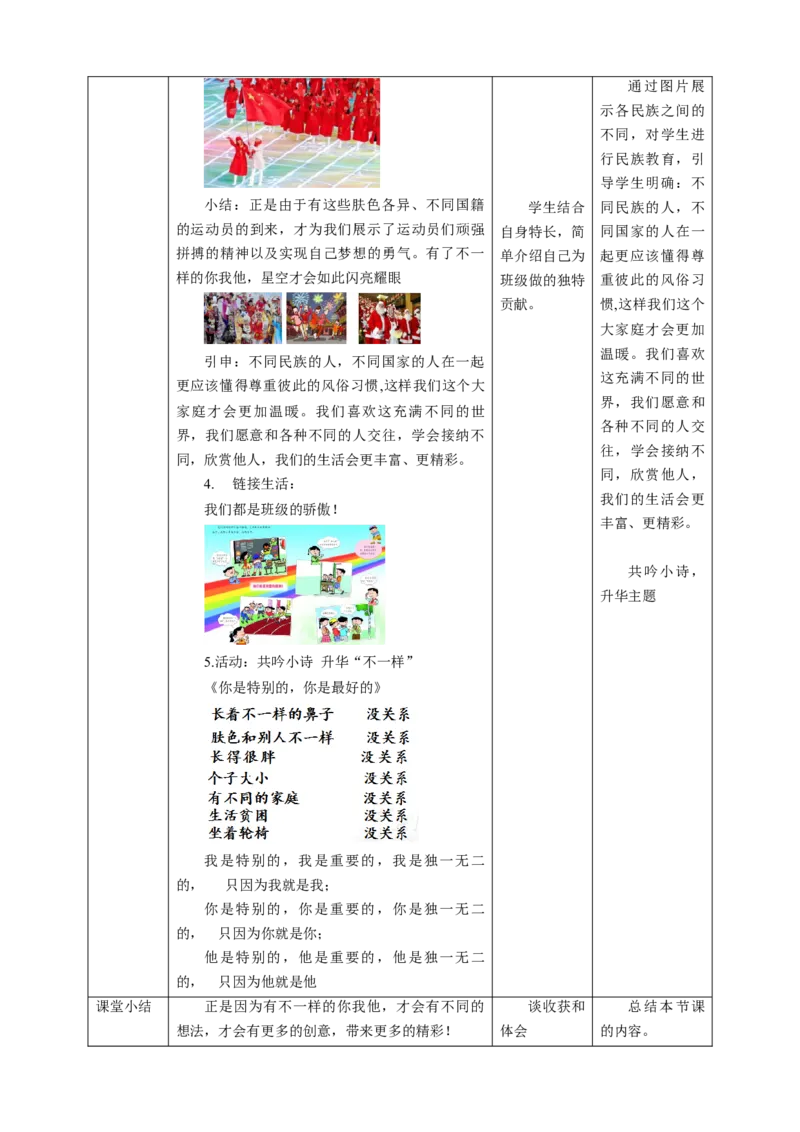 核心素养目标1.2不一样的你我他教学设计（表格式）人教版三年级道德与法治下册(1)_26新三年级道法下册（统编版）_版本二_教学设计_教案2（配套课件四）