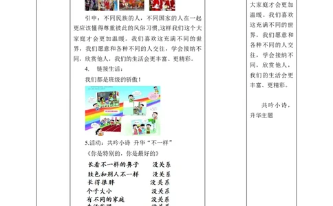 核心素养目标1.2不一样的你我他教学设计（表格式）人教版三年级道德与法治下册(1)_26新三年级道法下册（统编版）_版本二_教学设计_教案2（配套课件四）