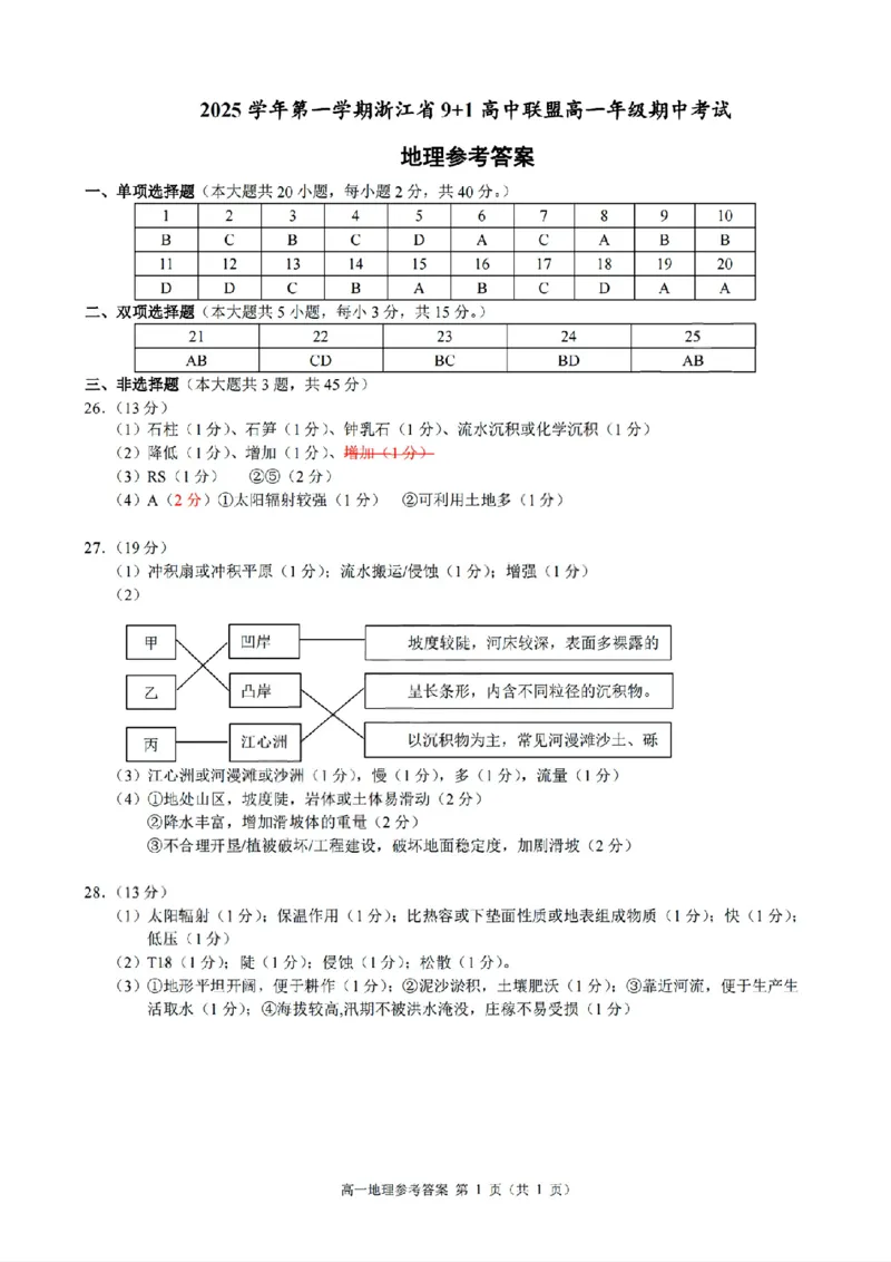 扫描件_地理参考答案_2025年12月高一试卷_251205浙江省9+1联盟2025-2026学年高一上学期期中考试（全）_浙江省9+1高中联盟2025-2026学年高一上学期11月期中考试地理试题（图片版，含答案）