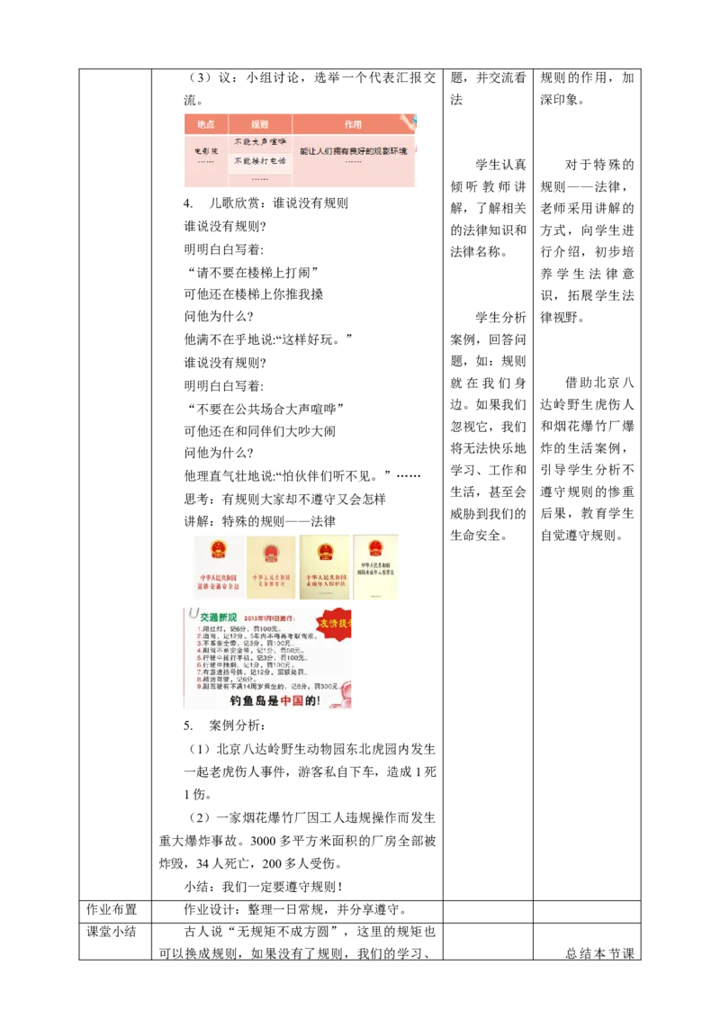 核心素养目标3.9生活离不开规则教学设计（表格式）人教版三年级道德与法治下册(1)_26新三年级道法下册（统编版）_版本二_教学设计_教案2（配套课件四）