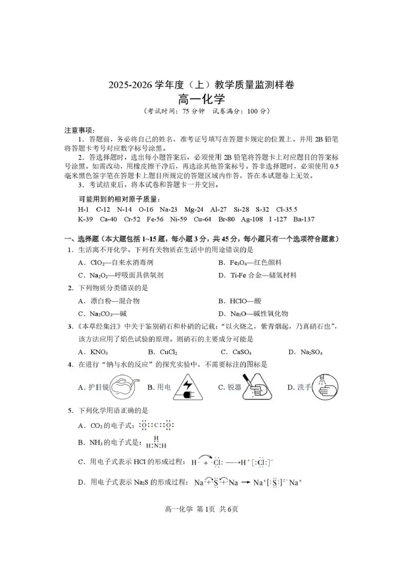 攀枝花市2025-2026学年度高一（上）教学质量监测样卷化学_2026年02月高一试卷_260203四川省攀枝花市2025-2026学年度高一（上）教学质量监测样卷