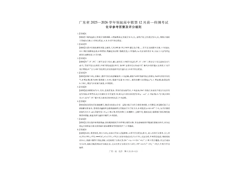 广东省领航高中联盟2025-2026学年高一上学期12月月考化学试题含答案_2025年12月高一试卷_251215广东省领航高中联盟2025-2026学年高一上学期12月检测