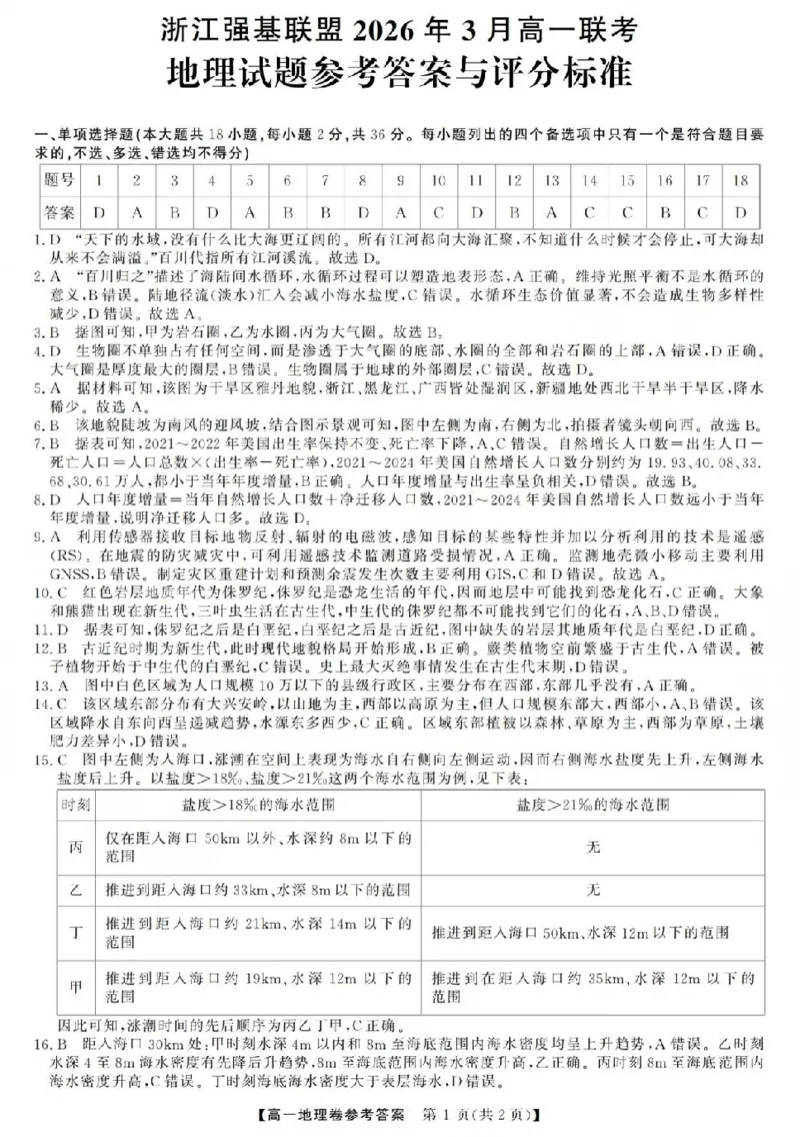 强基联盟高一地理答案_2026年03月高一试卷_260308浙江强基联盟2026年3月高一联考