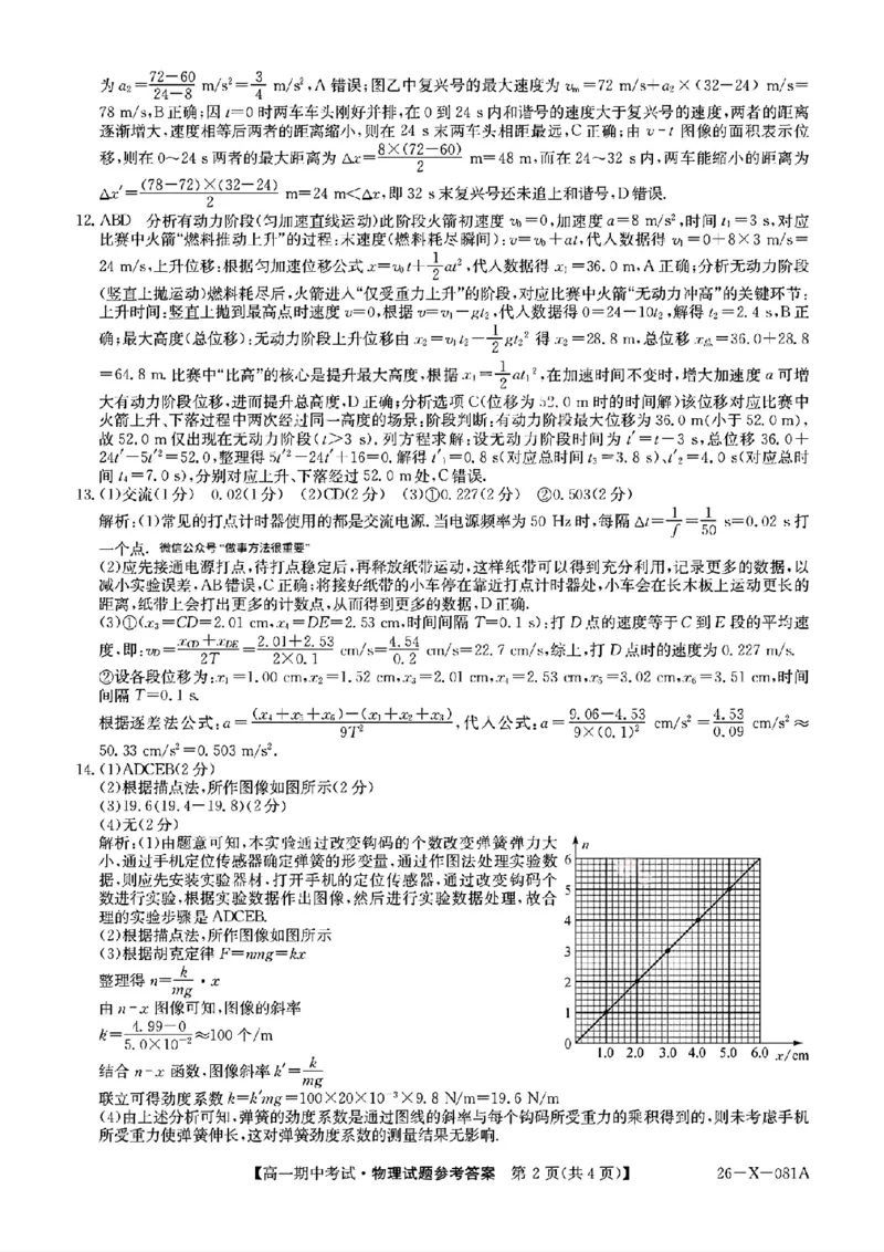 扫描件_物理参考答案提示及评分细则_2025年11月高一试卷_251107广东深圳市盟校2025-2026学年高一上学期11月期中考试（全）