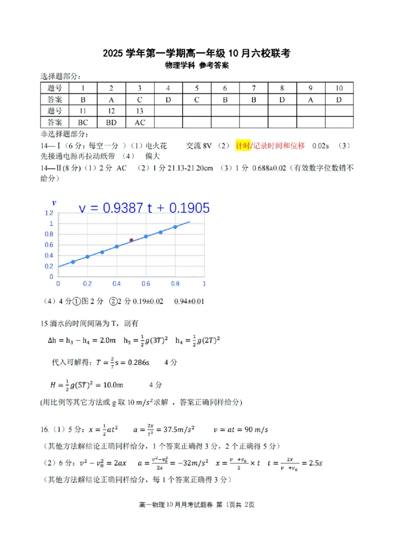 扫描件_物理答案_2025年10月高一试卷_251013浙江省六校联盟2025-2026学年高一上学期10月月考_浙江省六校联盟2025-2026学年高一上学期10月月考物理试题（含答案）
