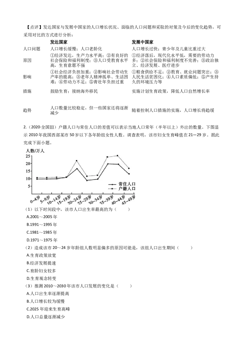 高考地理五年真题分类汇编（2017-2021）第17讲人口的数量与空间变化(教师版)_新高考复习资料_2022年新高考复习资料_高考地理五年真题分类汇编（2017-2021）（教师版+学生版）8.10更新