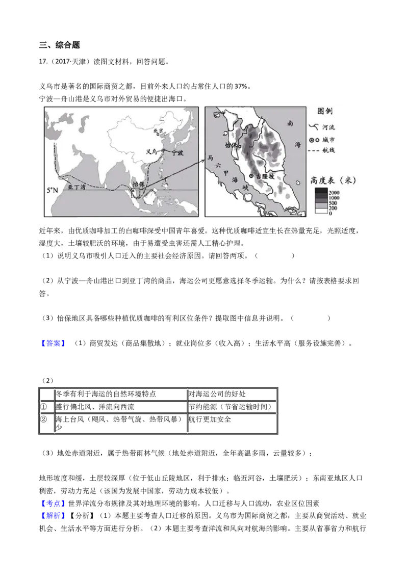 高考地理五年真题分类汇编（2017-2021）第17讲人口的数量与空间变化(教师版)_新高考复习资料_2022年新高考复习资料_高考地理五年真题分类汇编（2017-2021）（教师版+学生版）8.10更新