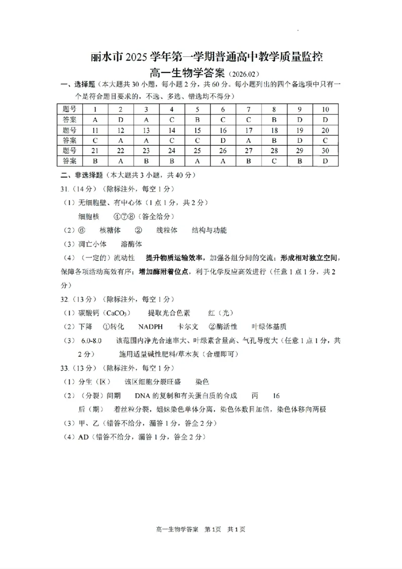 扫描件_高一生物学答案(2026.02)_2026年02月高一试卷_260219浙江省丽水市2025-2026学年上学期高一期末教学质量监控（全）