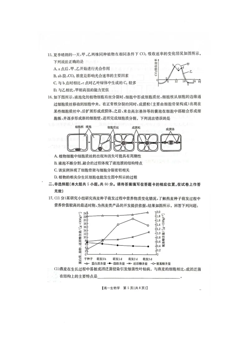 广西壮族自治区柳州市2024-2025学年高一下学期2月开学检测生物试题_2025年03月试卷_0325广西壮族自治区柳州市2024-2025学年高一下学期开学检测试题