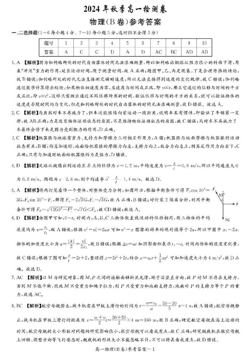 扫描件_2024年秋季高一检测卷_2024年12月试卷_1214湖南省长沙市长郡中学2024-2025学年高一上学期12月月考_湖南省长沙市长郡中学2024-2025学年高一上学期12月月考物理试题（B）扫描版含解析