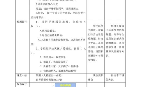 核心素养目标3.10爱心的传递者教学设计（表格式）人教版三年级道德与法治下册(1)_26新三年级道法下册（统编版）_版本二_教学设计_教案2（配套课件四）