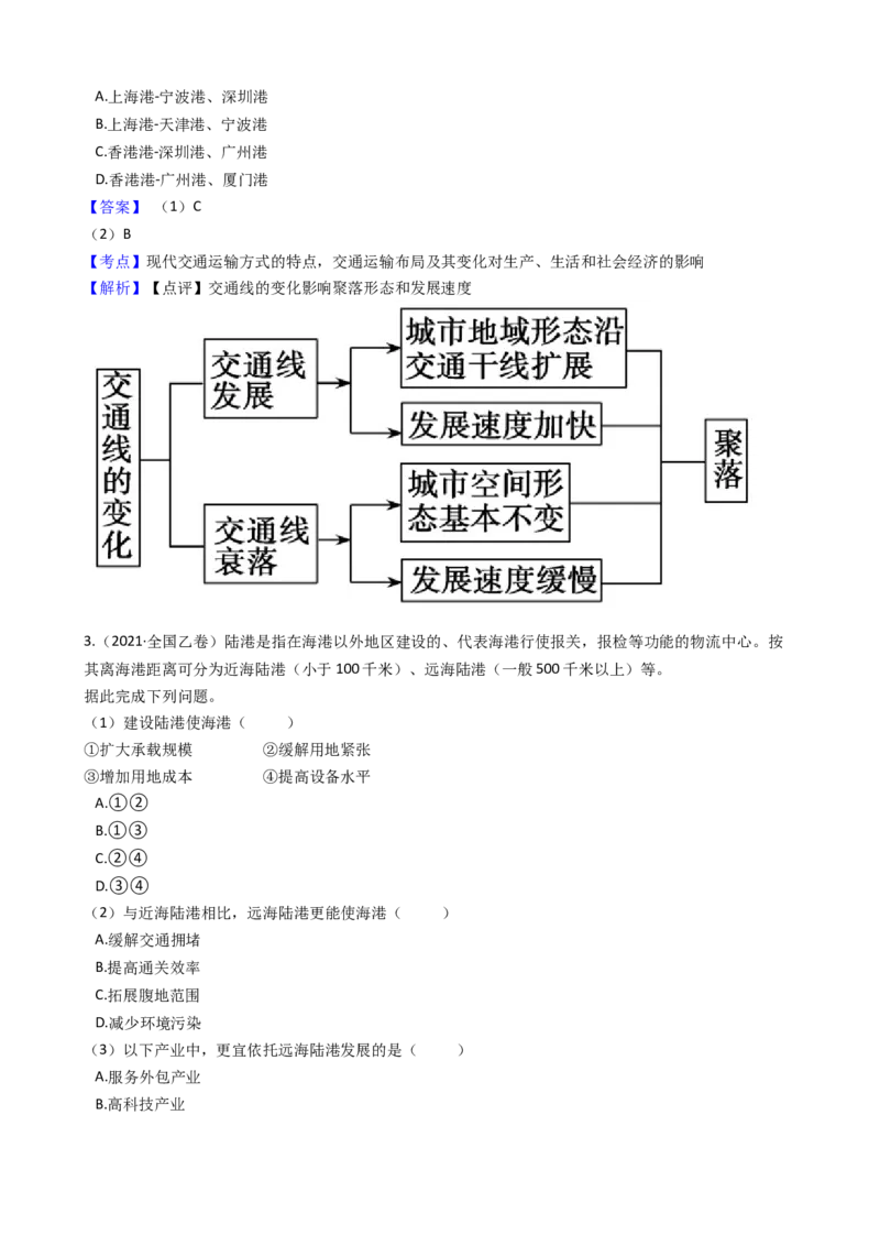 高考地理五年真题分类汇编（2017-2021）第24讲交通运输布局及其影响(教师版)_新高考复习资料_2022年新高考复习资料_高考地理五年真题分类汇编（2017-2021）（教师版+学生版）8.10更新