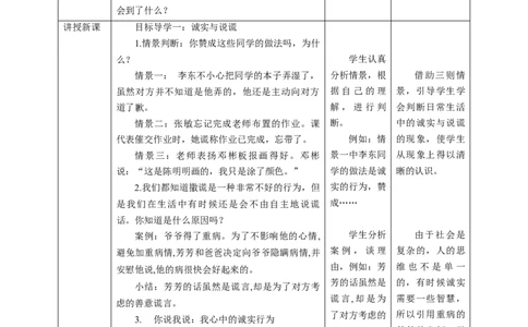 核心素养目标1.3我很诚实教学设计（表格式）人教版三年级道德与法治下册(1)_26新三年级道法下册（统编版）_版本二_教学设计_教案2（配套课件四）