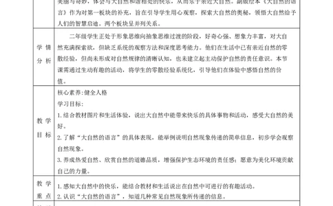 第5课《亲近大自然》（第一课时）教学设计_26新二年级道法下册（统编版）_版本一_部编版道德与法治2下_2026春新版_第一套_01.道德2下-表格式教案+PPT课件第1套已更到第7课