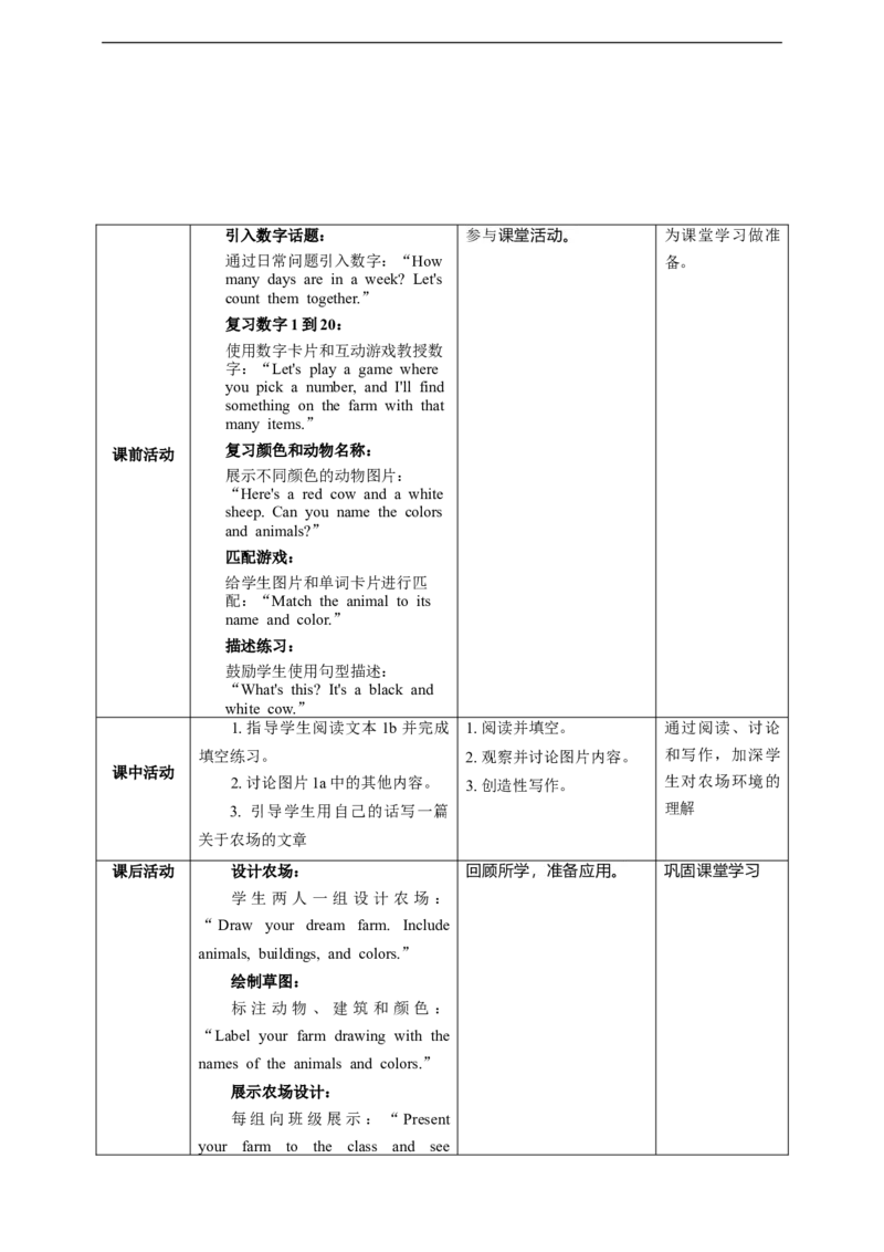 StarterUnit3SectionBWhatisfunonafarm？教学设计_最新人教版英语七年级上册_英语7上最新改版_02.英语7上-教案（表格式）