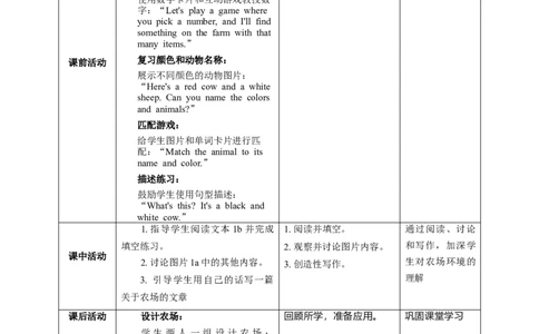 StarterUnit3SectionBWhatisfunonafarm？教学设计_最新人教版英语七年级上册_英语7上最新改版_02.英语7上-教案（表格式）