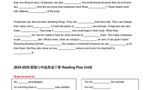 Unit1~2readingplus填空练习--2024-2025学年人教版英语七年级下册_最新人教版英语七年级下册_七下英语2025版_11、2025春英语人教7下练习（5套）_4.readingplus挖空