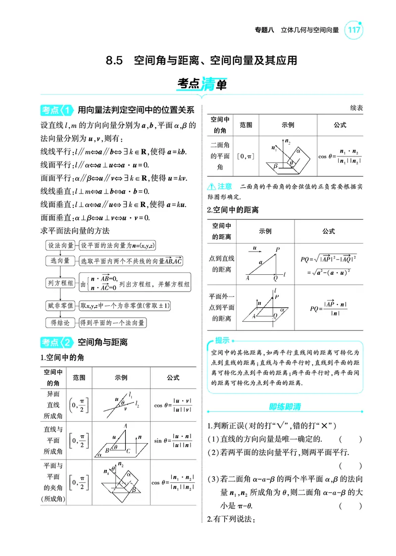 1_8.5空间角与距离空间向量及其应用讲解册_高中三年全科资料_高考数学《考点考法清单》2025版_08专题八立体几何与空间向量