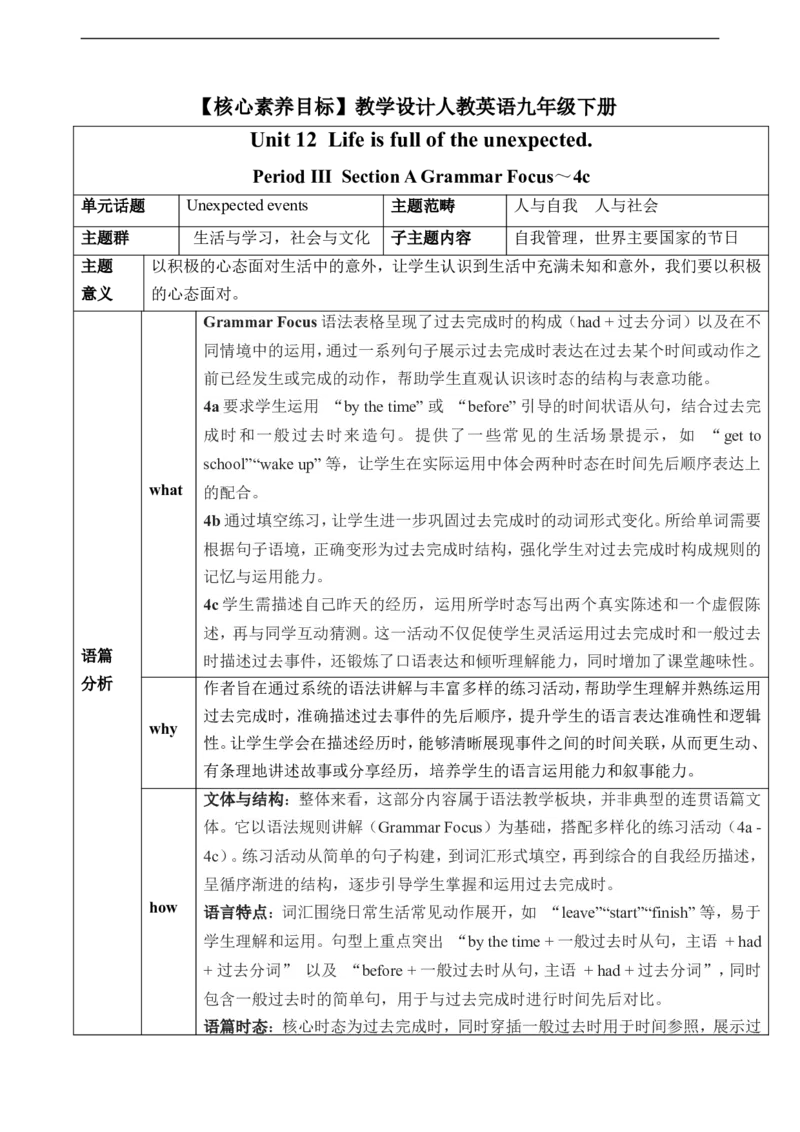 Unit12Lifeisfulloftheunexpected.SectionAGrammarFocus～4c教学设计_最新人教版英语九年级全册_新更新初中英语9全_新修订版英语9全一册教案课件-新修订版，第二单元有改动