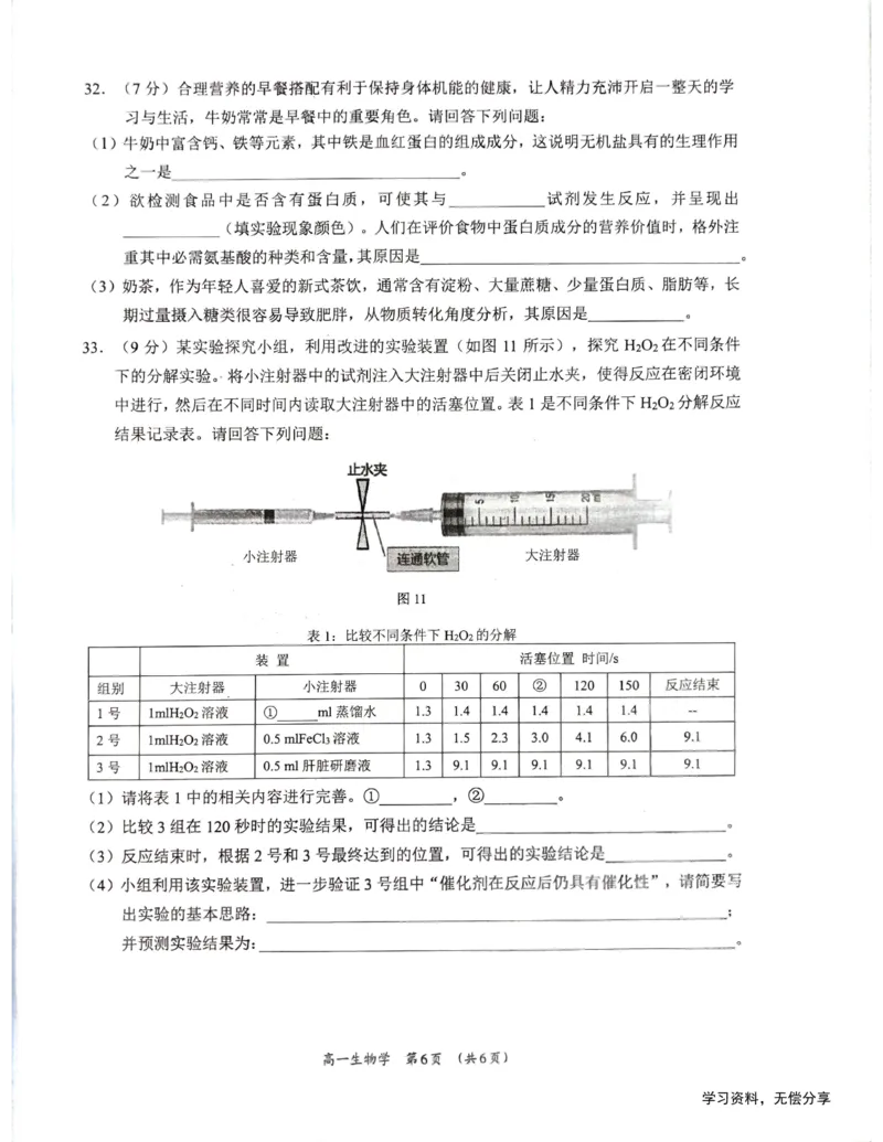 柳州市2024-12月高一联考生物试卷_2024年12月试卷_1211广西柳州市2024-2025学年12月高一联考_广西示范性高中2024年秋季期中高一生物试卷
