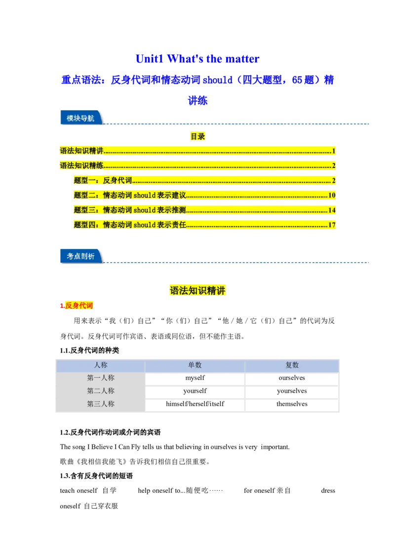 Unit1What'sthematter重点语法：反身代词和情态动词should（四大题型，65题）精讲练（教师版）_最新人教版英语八年级下册_旧版（有参考价值）_版本二_八年级英语下册（人教版）