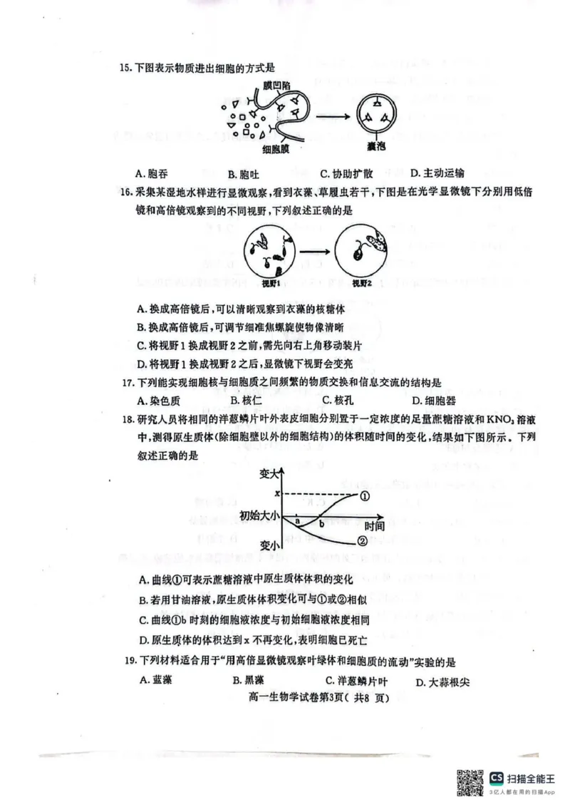 江苏省南京市2024-2025学年高一上学期1月期末学情调研测试生物试题_2025年02月试卷_0205江苏省南京市2024-2025学年高一上学期期末考试