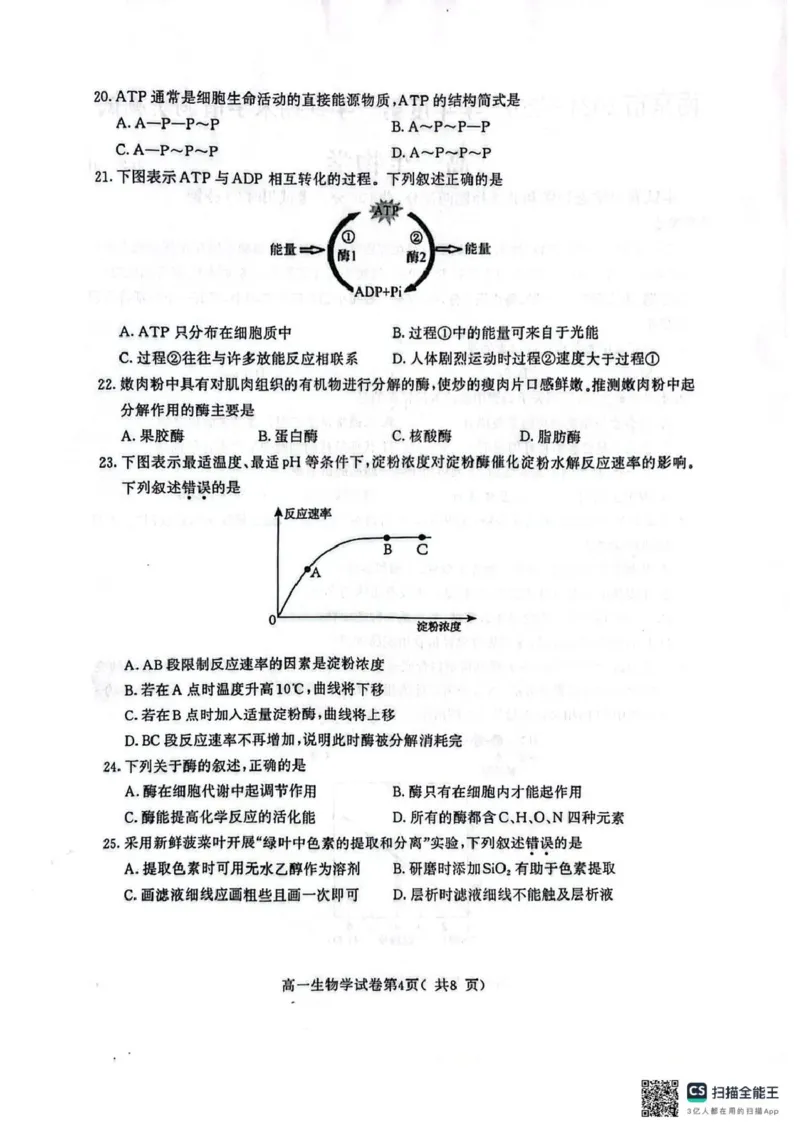 江苏省南京市2024-2025学年高一上学期1月期末学情调研测试生物试题_2025年02月试卷_0205江苏省南京市2024-2025学年高一上学期期末考试