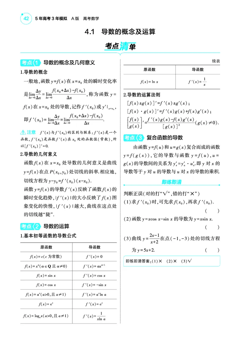 1_4.1导数的概念及运算讲解册_高中三年全科资料_高考数学《考点考法清单》2025版_04专题四导数及其应用