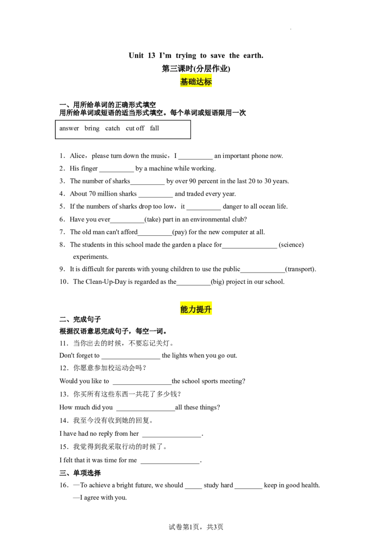 Unit13第3课时(SectionAGrammarFocus-4c)（分层作业）试卷版一_最新人教版英语九年级全册_旧版可参考_01.英语9全一册-新课标PPT课件+教案+学案+作业第1套_分层作业