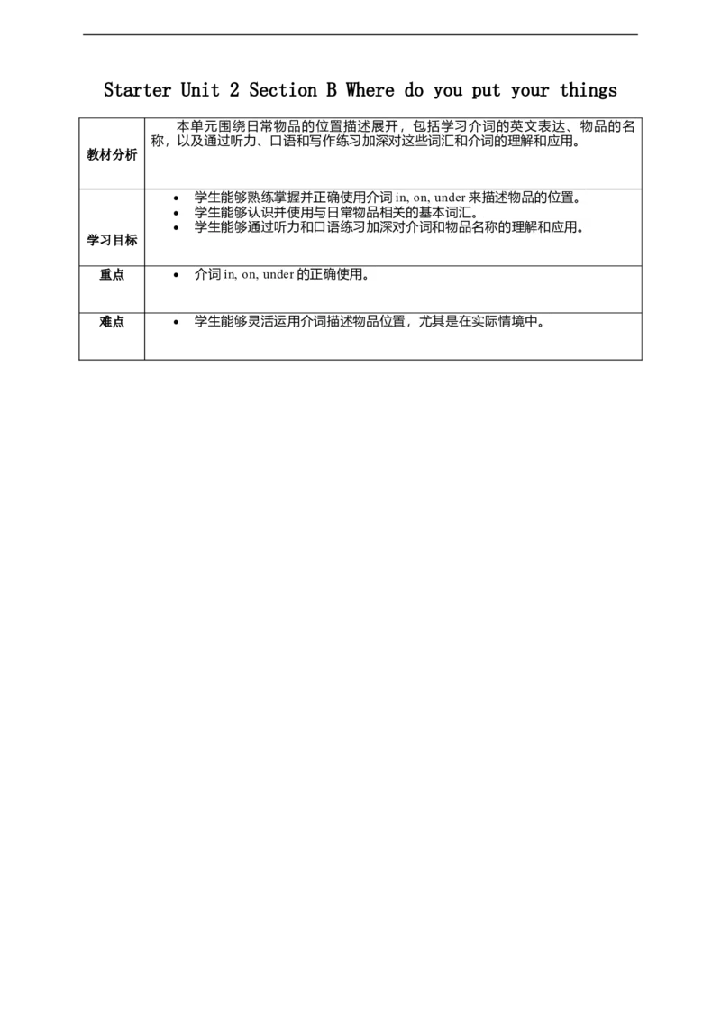 StarterUnit2SectionBWheredoyouputyourthings？教学设计_最新人教版英语七年级上册_英语7上最新改版_02.英语7上-教案（表格式）
