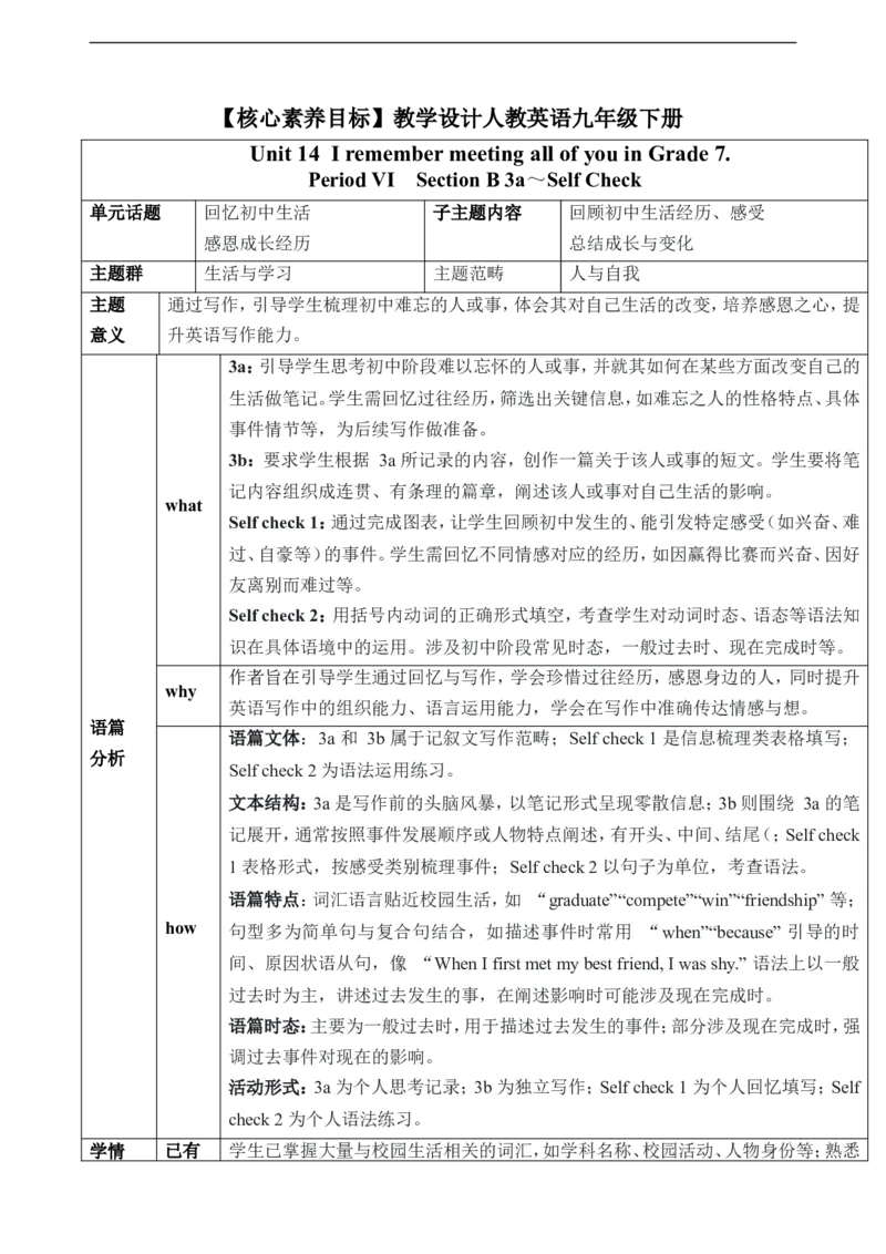 Unit14IremembermeetingallofyouinGrade7SectionB3a～SelfCheck教学设计_最新人教版英语九年级全册_新更新初中英语9全_新修订版英语9全一册教案课件-新修订版，第二单元有改动