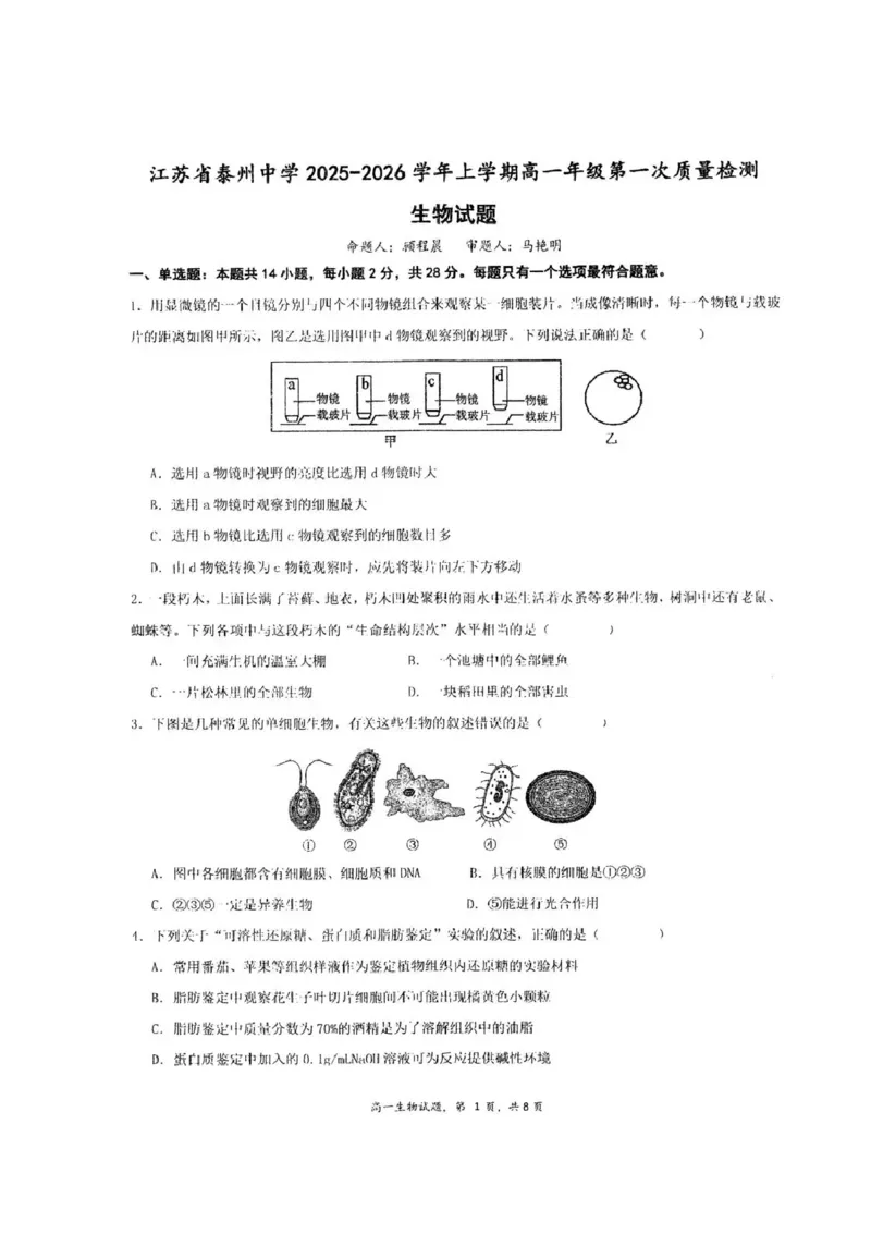 江苏省泰州中学2025-2026学年高一上学期10月月考生物试题含答案_2025年11月高一试卷_251104江苏省泰州中学2025-2026学年高一上学期第一次质量检测