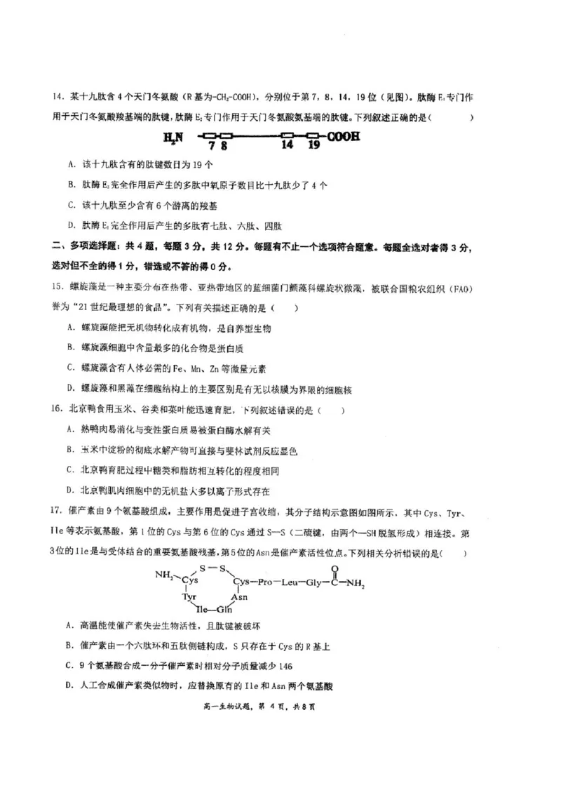 江苏省泰州中学2025-2026学年高一上学期10月月考生物试题含答案_2025年11月高一试卷_251104江苏省泰州中学2025-2026学年高一上学期第一次质量检测