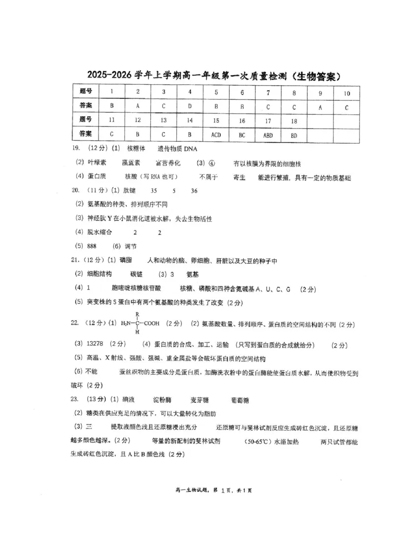 江苏省泰州中学2025-2026学年高一上学期10月月考生物试题含答案_2025年11月高一试卷_251104江苏省泰州中学2025-2026学年高一上学期第一次质量检测