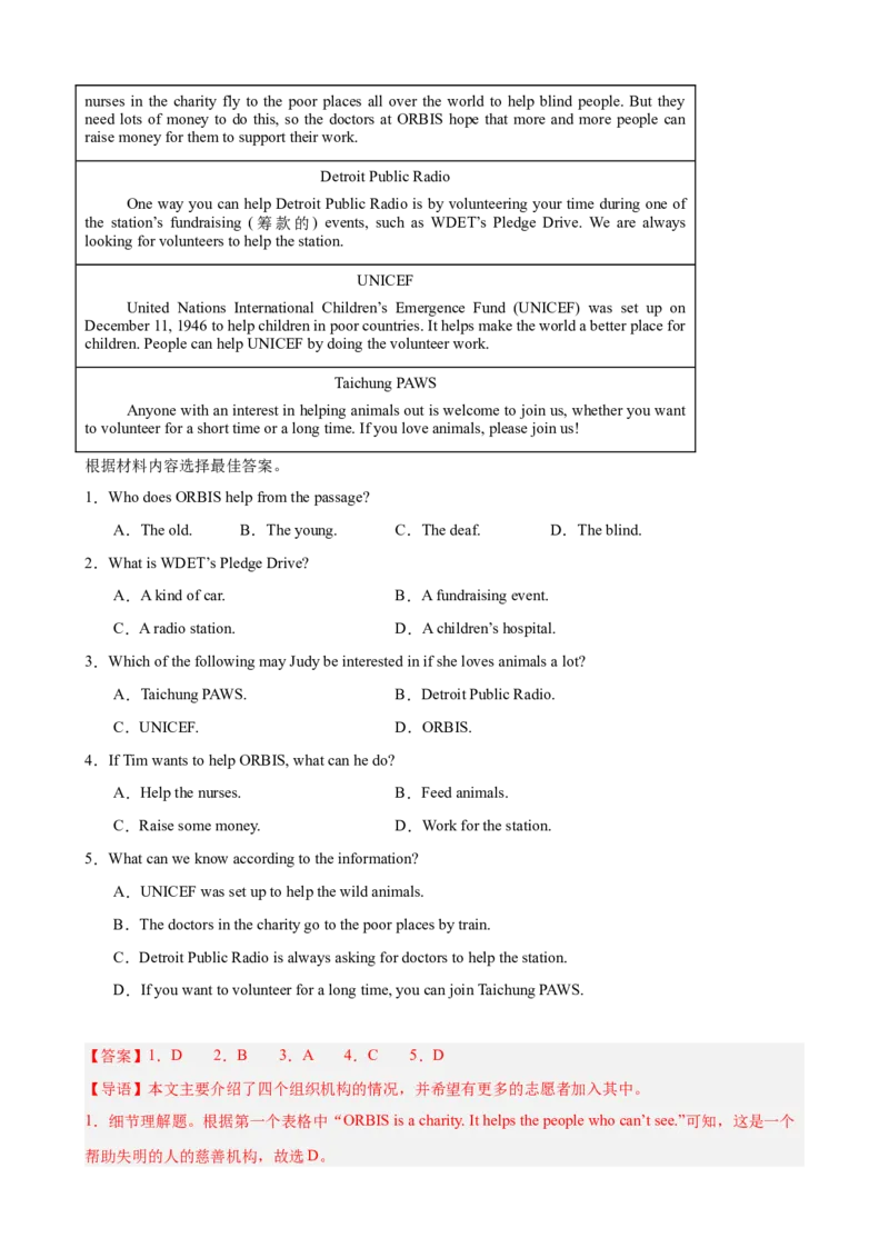 Unit2单元话题（志愿服务）阅读理解15篇（教师版）_最新人教版英语八年级下册_旧版（有参考价值）_版本二_八年级英语下册（人教版）_重难点讲练-U221