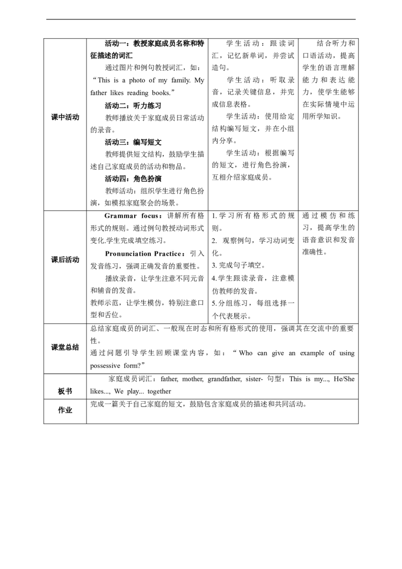 Unit2SectionAWhatisyourfamilylike？教学设计_最新人教版英语七年级上册_英语7上最新改版_02.英语7上-教案（表格式）
