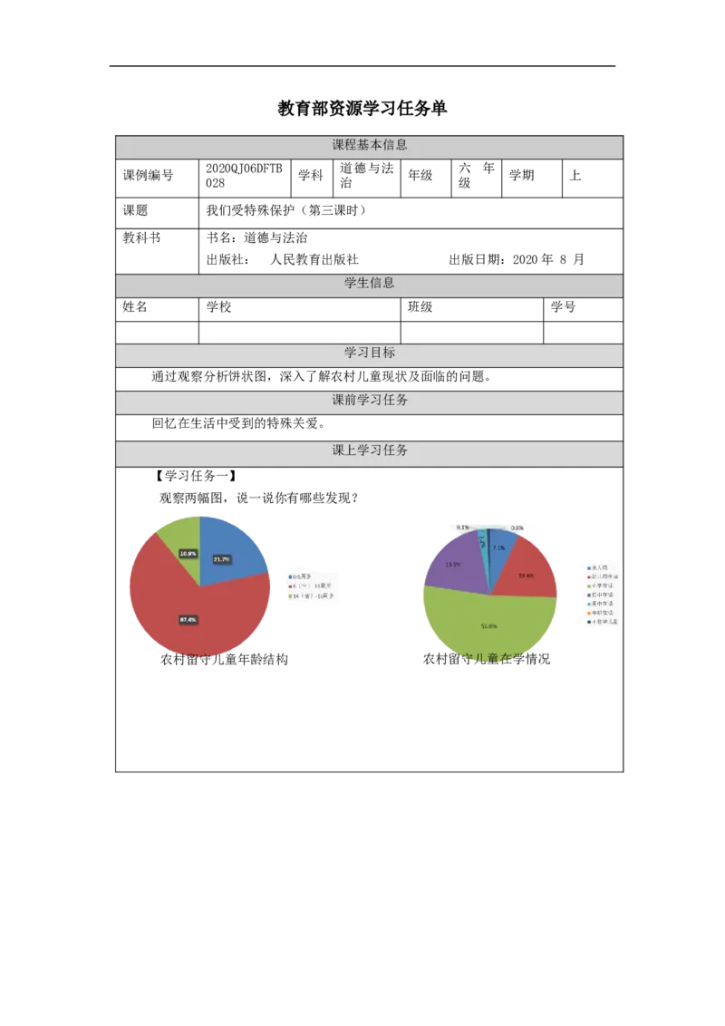 1207六年级道德与法治(统编版)我们受特殊保护（第三课时）-3学习任务单_A493小学道法_人教版小学道德与法治教学资源包_小学道法（智慧教育课件与教案）_6年级上册学习任务单
