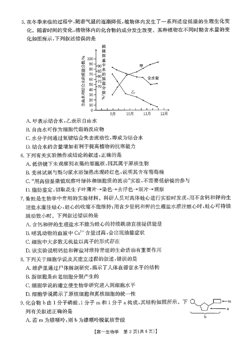河北省唐山市部分学校2024-2025学年高一上学期11月期中联考生物试卷_2024年12月试卷_1217河北省唐山市2024-2025学年高一上学期11月期中考试
