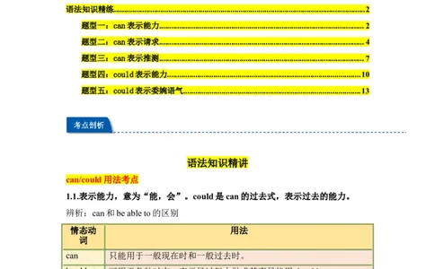 Unit3Couldyoupleasecleanyourroom重点语法：情态动词can_could（五大题型，50题）精讲练（学生版）_最新人教版英语八年级下册_旧版（有参考价值）_版本二_八年级英语下册（人教版）