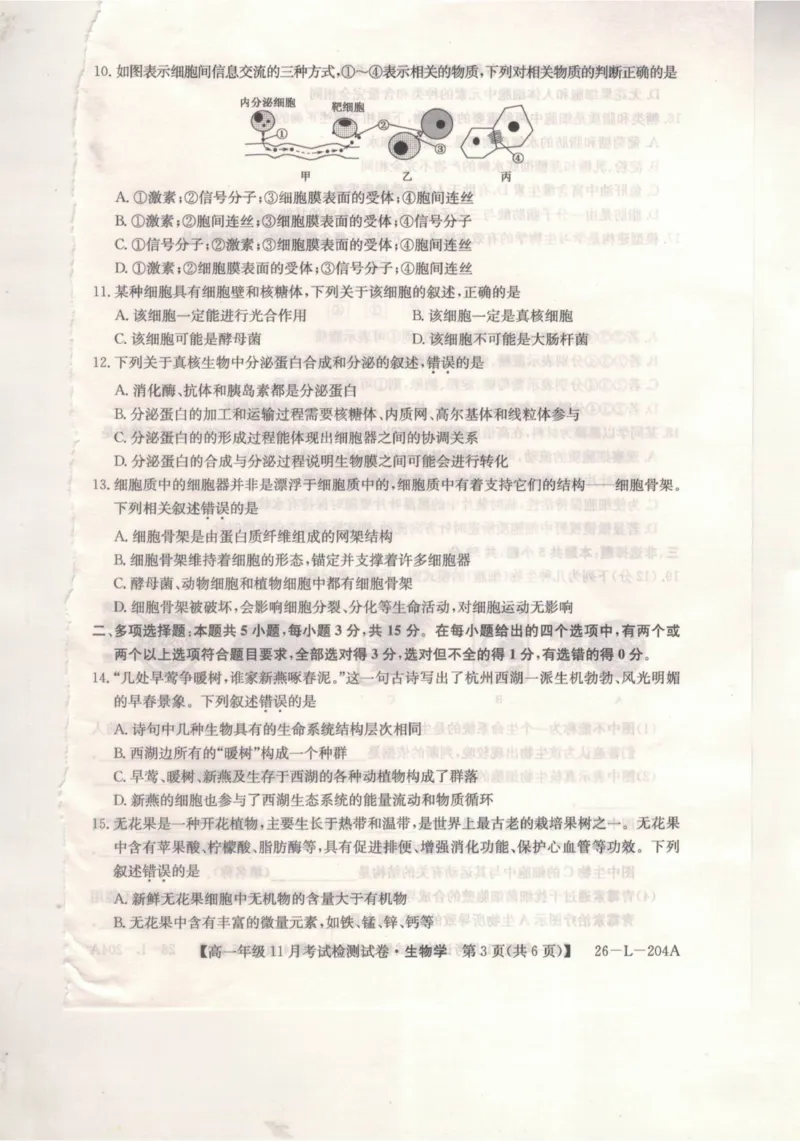 河北省保定市部分校2025-2026学年高一上学期11月考试生物试题_2025年11月高一试卷_251115河北省保定市部分校2025-2026学年高一上学期期中考试（全）